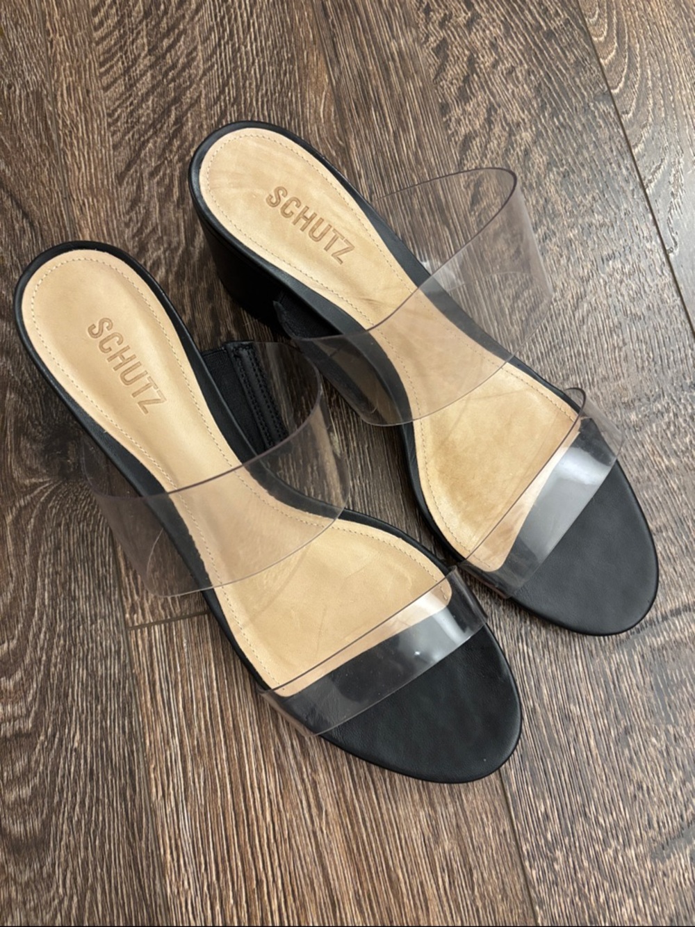 SCHUTZ Black Slide Sandals with Clear Double Straps